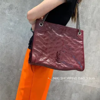 Saint Laurent Niki Burgundy Silver Quilted Chevron Patent Leather Chain Bag