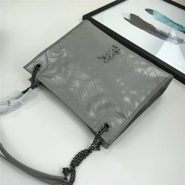 Saint Laurent Niki Burgundy Silver Quilted Chevron Patent Leather Chain Bag 12
