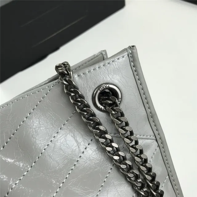 Saint Laurent Niki Burgundy Silver Quilted Chevron Patent Leather Chain Bag 14