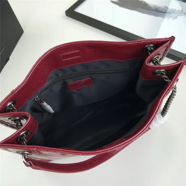 Saint Laurent Niki Burgundy Silver Quilted Chevron Patent Leather Chain Bag 19