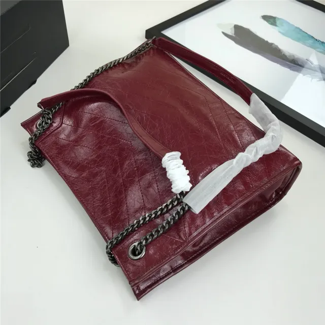 Saint Laurent Niki Burgundy Silver Quilted Chevron Patent Leather Chain Bag 20