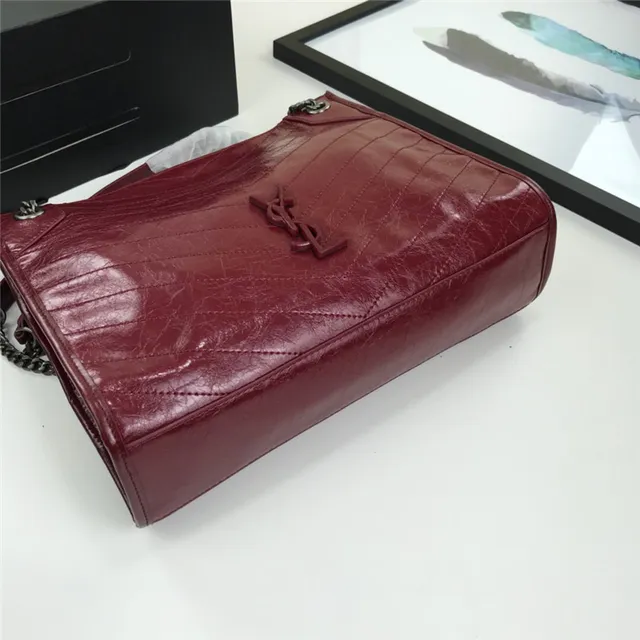 Saint Laurent Niki Burgundy Silver Quilted Chevron Patent Leather Chain Bag 21