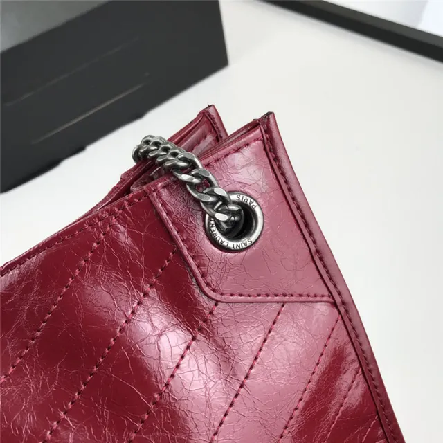 Saint Laurent Niki Burgundy Silver Quilted Chevron Patent Leather Chain Bag 22