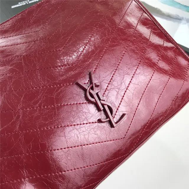 Saint Laurent Niki Burgundy Silver Quilted Chevron Patent Leather Chain Bag 24