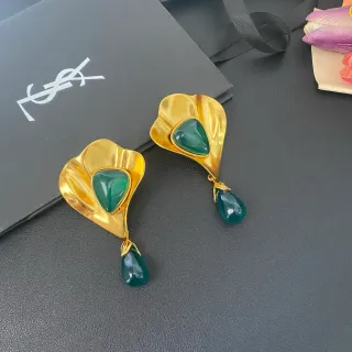 Saint Laurent Sculptural Gold-Tone Green Stone Drop Earrings
