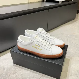Saint Laurent White Brown Leather Gold Embroidered Logo Lifestyle Sneakers