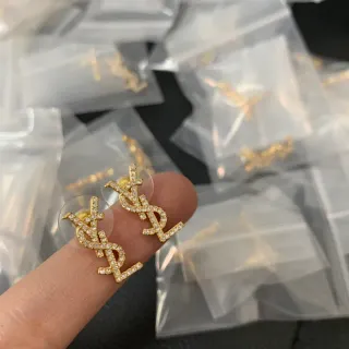 圣罗兰 YSL 标志 耳钉 镀金 透明 水晶镶嵌 耳环