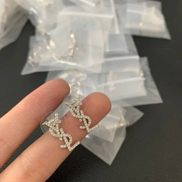 Saint Laurent YSL Logo Stud Boucles d'oreilles Or Cristal Transparente Pavé 2