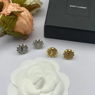 Saint Laurent YSL Monogram Stud Silver Gold Circular Pavé Crystal Earrings