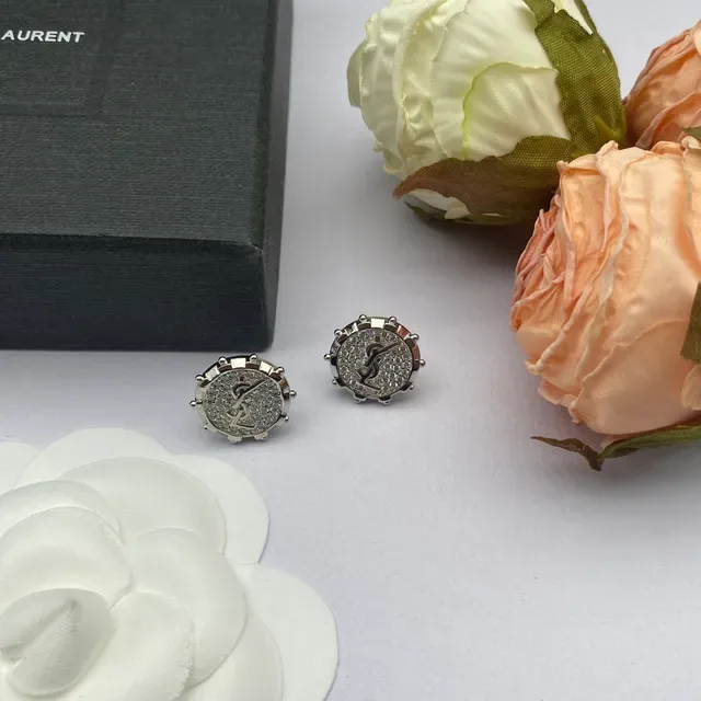 Saint Laurent YSL Monogram Stud Silver Gold Circular Pavé Crystal Earrings 3