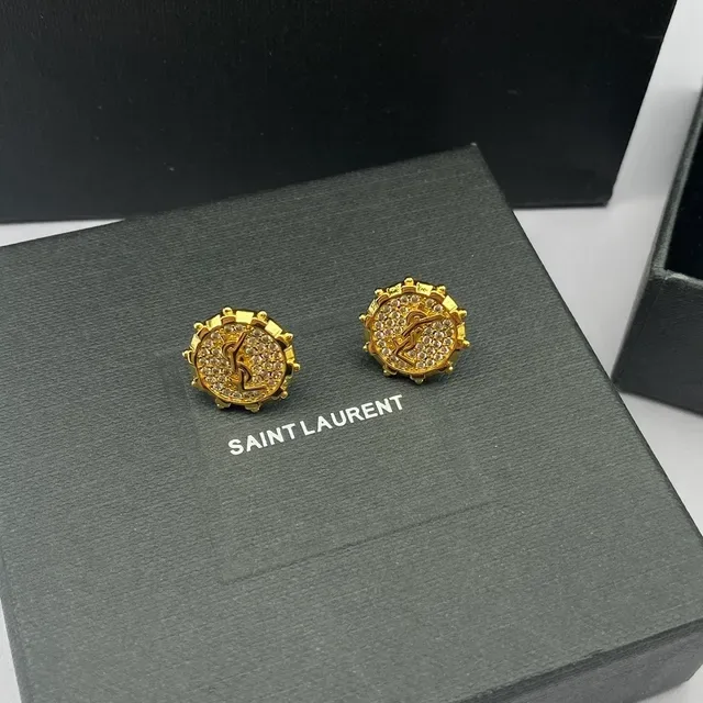 Saint Laurent YSL Monogram Stud Silver Gold Circular Pavé Crystal Earrings 4