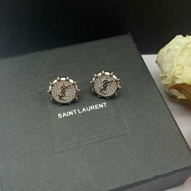 Saint Laurent YSL Monogram Stud Silver Gold Circular Pavé Crystal Earrings 5