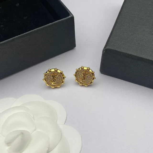 Saint Laurent YSL Monogram Stud Silver Gold Circular Pavé Crystal Earrings 6