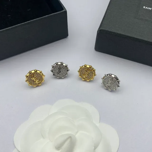 Saint Laurent YSL Monogram Stud Silver Gold Circular Pavé Crystal Earrings 7