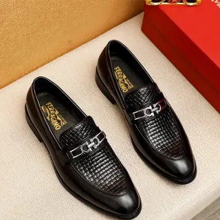 Salvatore Ferragamo Gancini Woven Leather Black Loafers