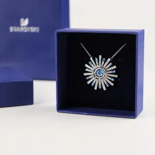 Swarovski Blue Silver Sunburst Pendant Radiating Bar Motif Necklace