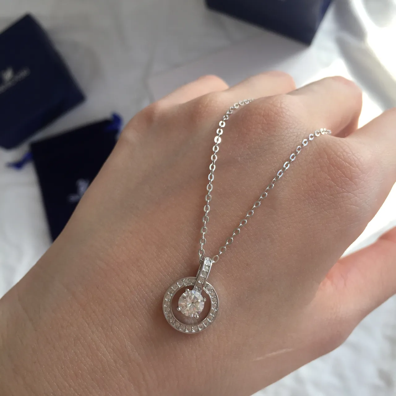 Swarovski Silver Blue Chain Circular Halo Pendant Necklace 3