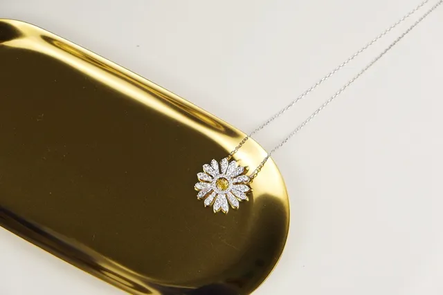 Swarovski Silver Yellow Daisy-Shaped Pendant Pave-Set Crystals Necklace 4