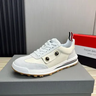 Thom Browne Beige Gray Layered Leather And Suede Double Metallic Rivets Lifestyle Sneakers