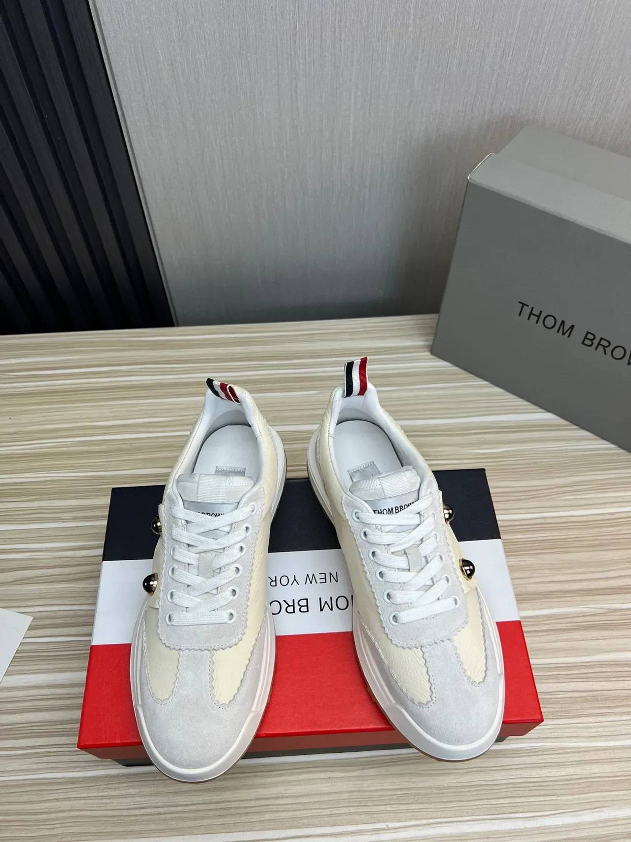 Thom Browne Beige Gray Layered Leather And Suede Double Metallic Rivets Lifestyle Sneakers 2