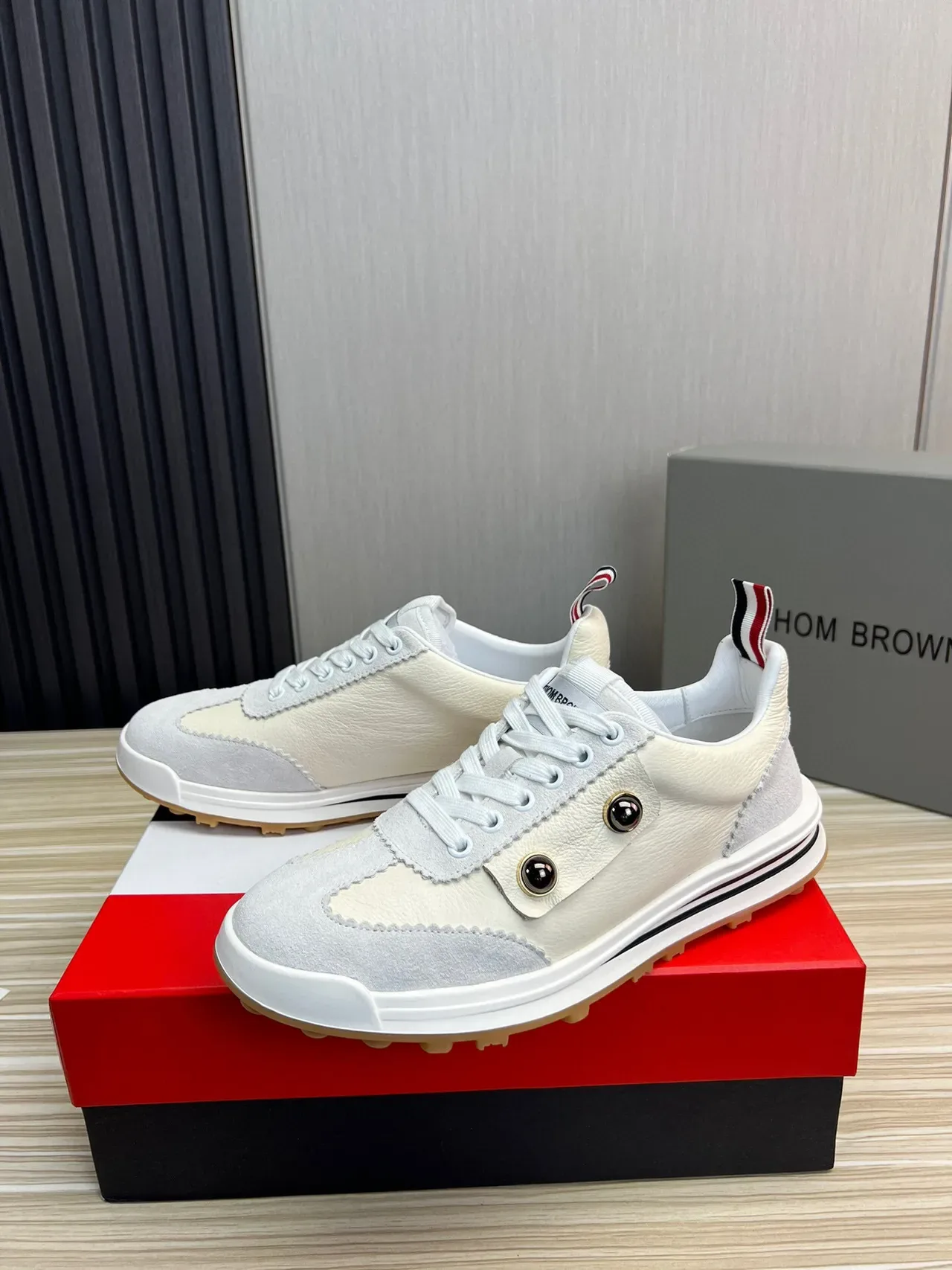 Thom Browne Beige Gray Layered Leather And Suede Double Metallic Rivets Lifestyle Sneakers 3