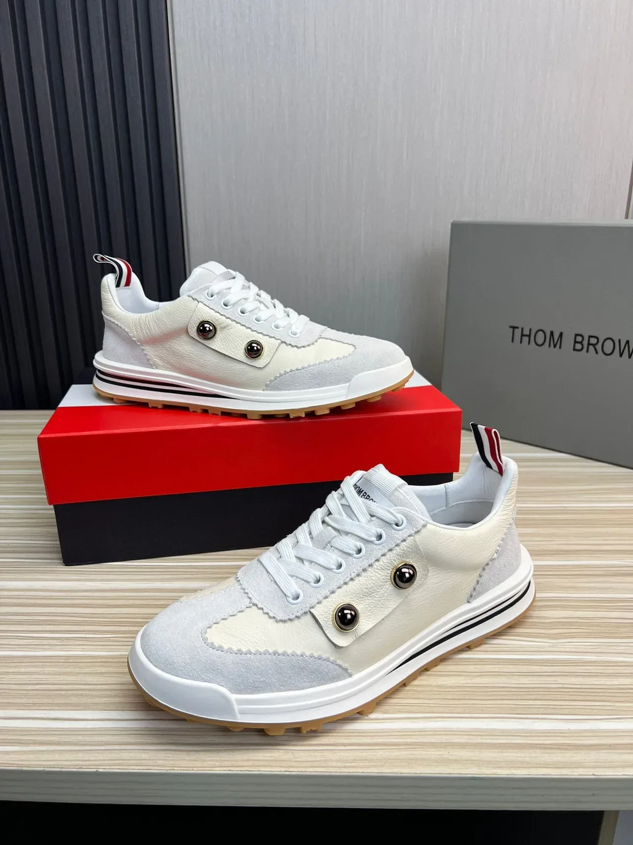 Thom Browne Beige Gray Layered Leather And Suede Double Metallic Rivets Lifestyle Sneakers 4