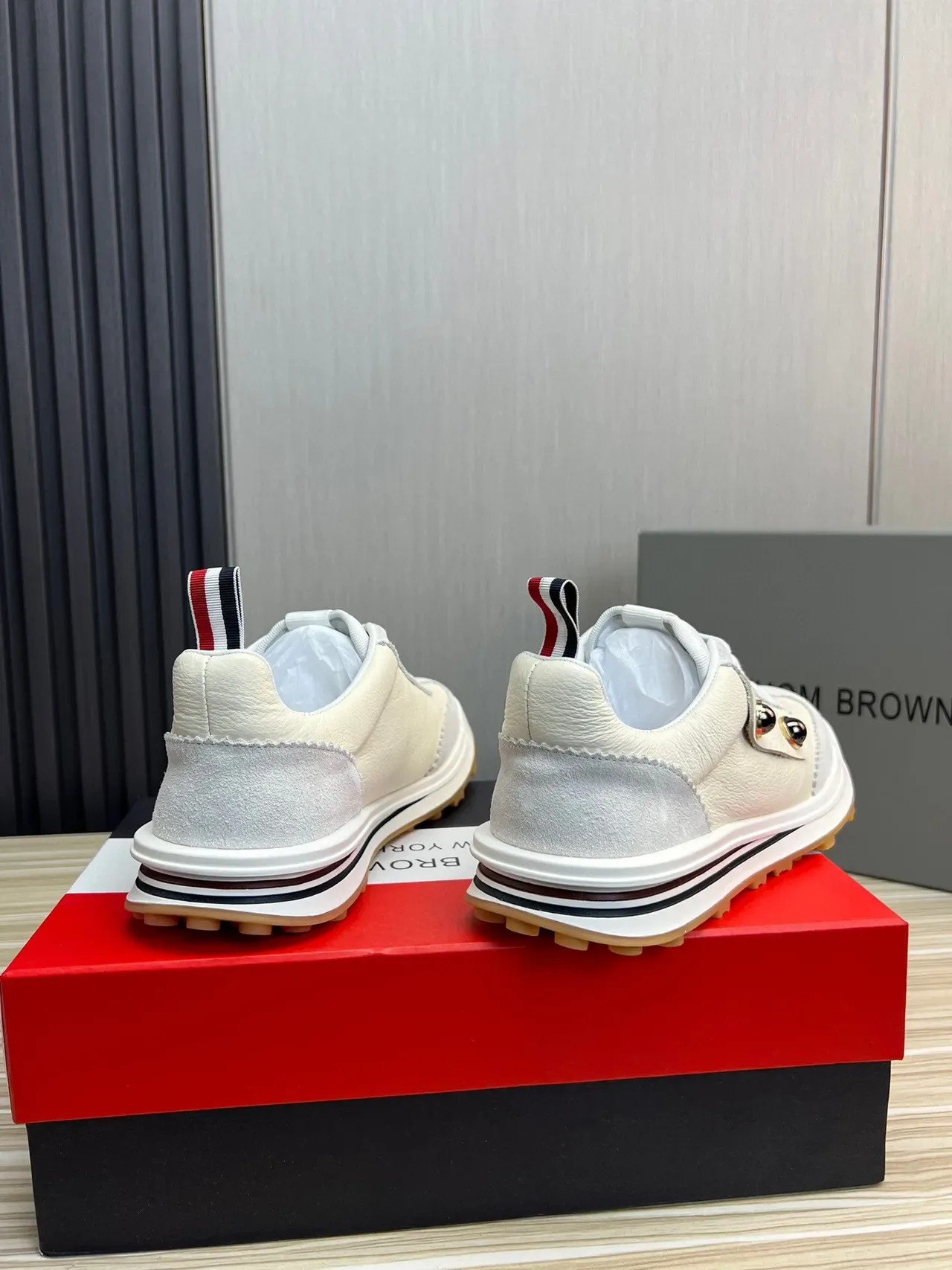 Thom Browne Beige Gray Layered Leather And Suede Double Metallic Rivets Lifestyle Sneakers 5