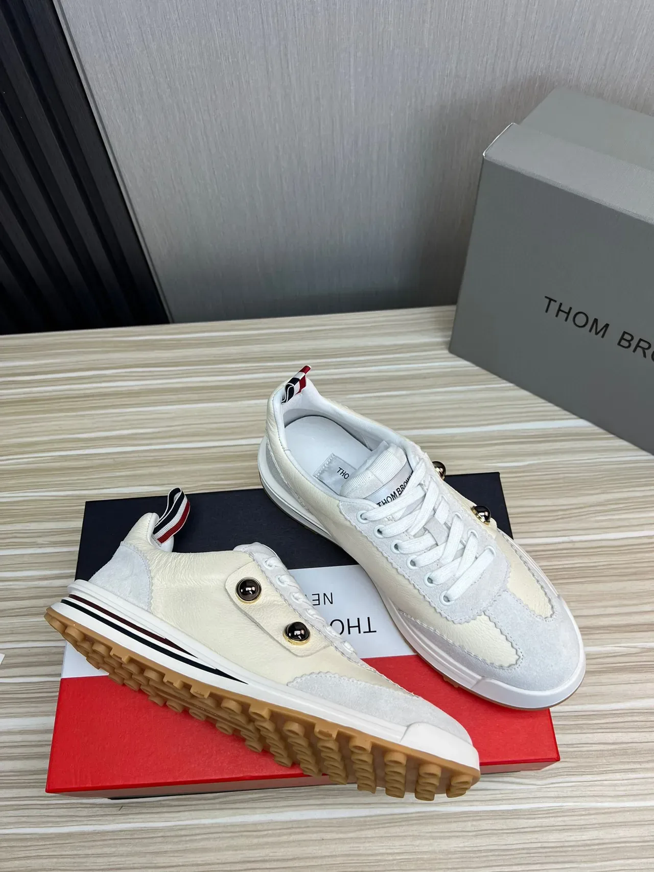 Thom Browne Beige Gray Layered Leather And Suede Double Metallic Rivets Lifestyle Sneakers 6