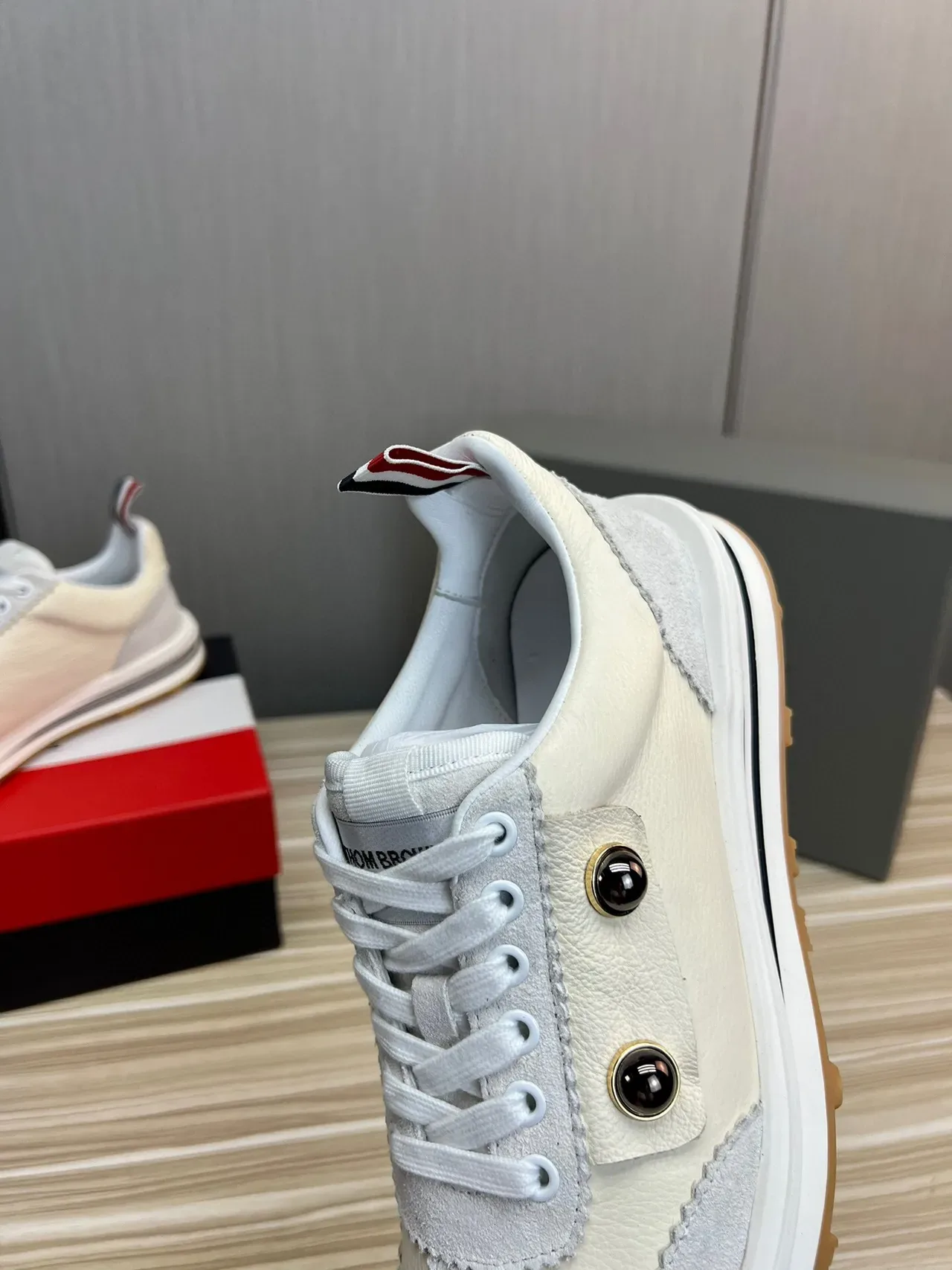 Thom Browne Beige Gray Layered Leather And Suede Double Metallic Rivets Lifestyle Sneakers 7