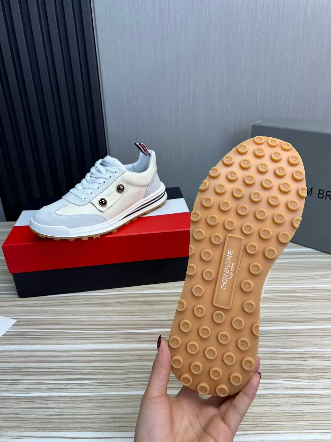 Thom Browne Beige Gray Layered Leather And Suede Double Metallic Rivets Lifestyle Sneakers 8