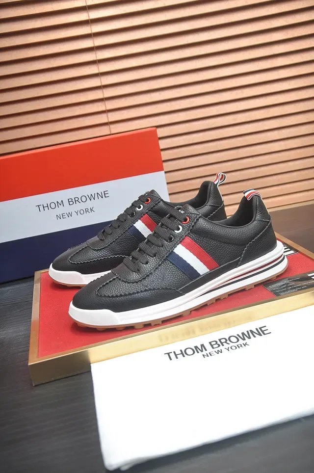 Thom Browne Black Multicolor Pebbled Leather Side Stripe Panel Lifestyle Sneakers 1