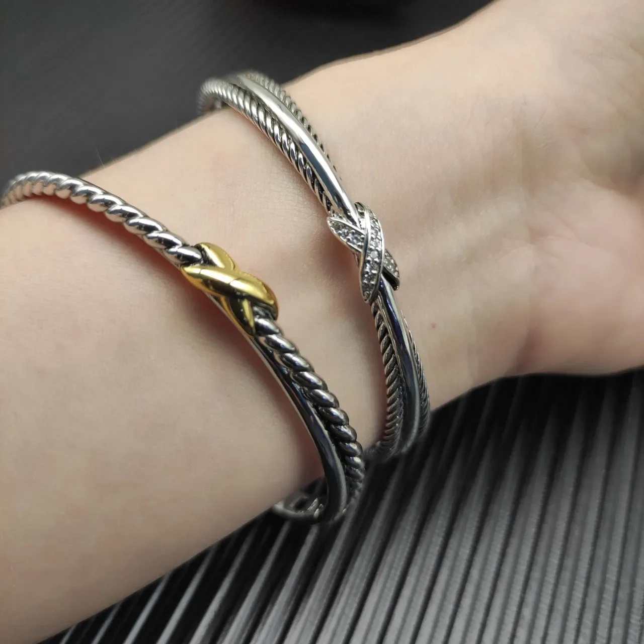 Tiffany & Co. HardWear Double Cable X Bangle Silver and Gold Bracelet 3