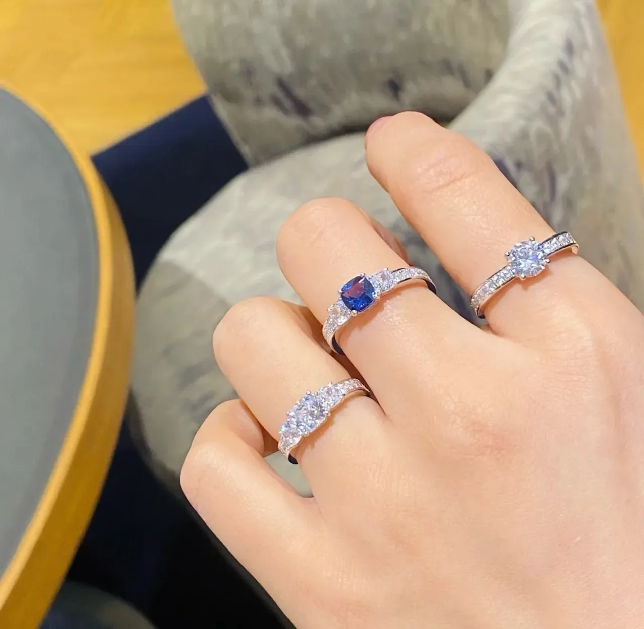 Tiffany & Co. Silver Navy Three-Stone Pavé-Set Shoulders Ring 3