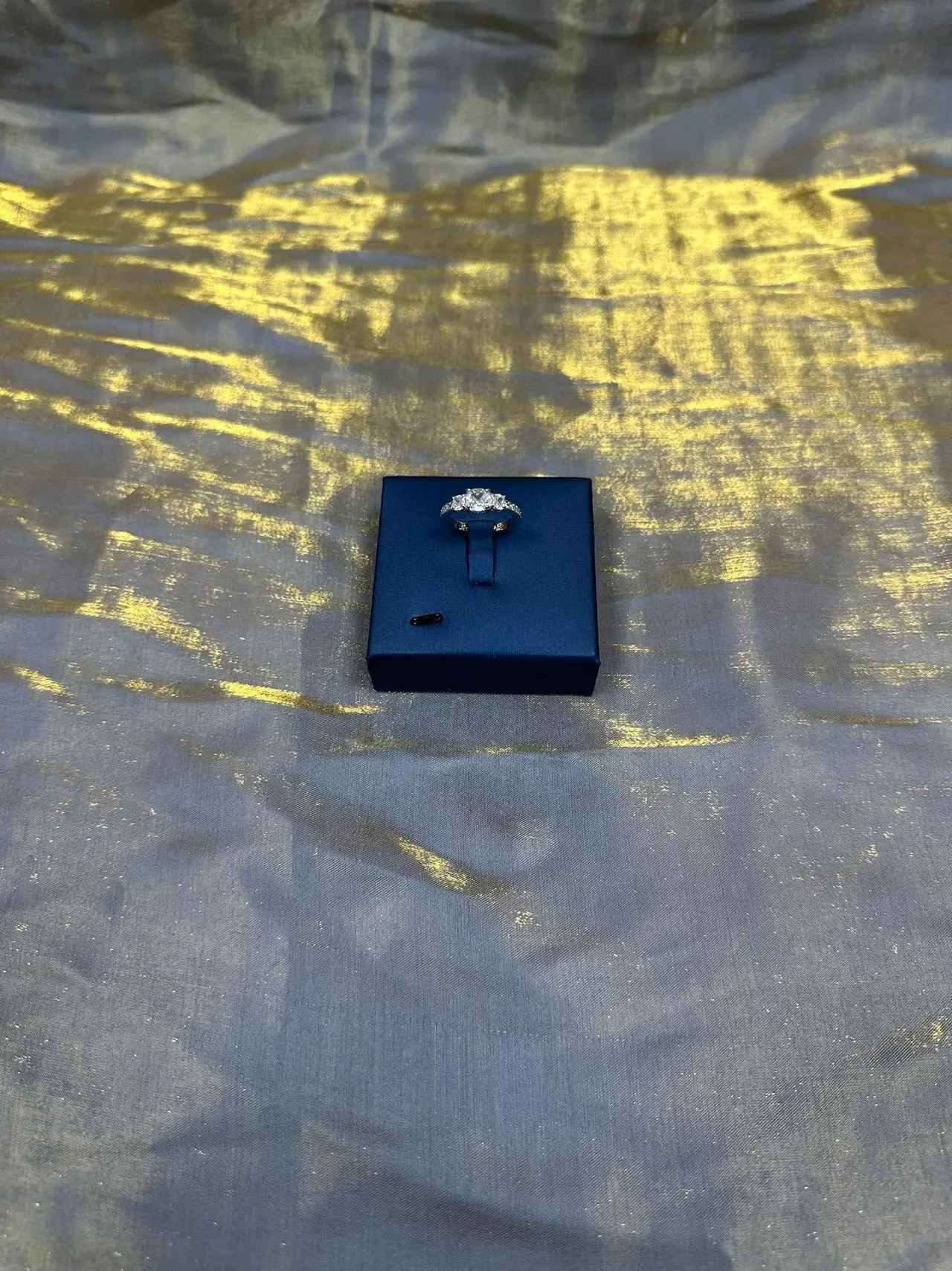 Tiffany & Co. Silver Navy Three-Stone Pavé-Set Shoulders Ring 7