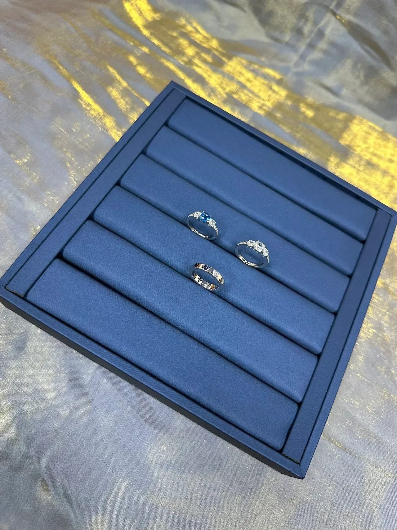 Tiffany & Co. Silver Navy Three-Stone Pavé-Set Shoulders Ring 8