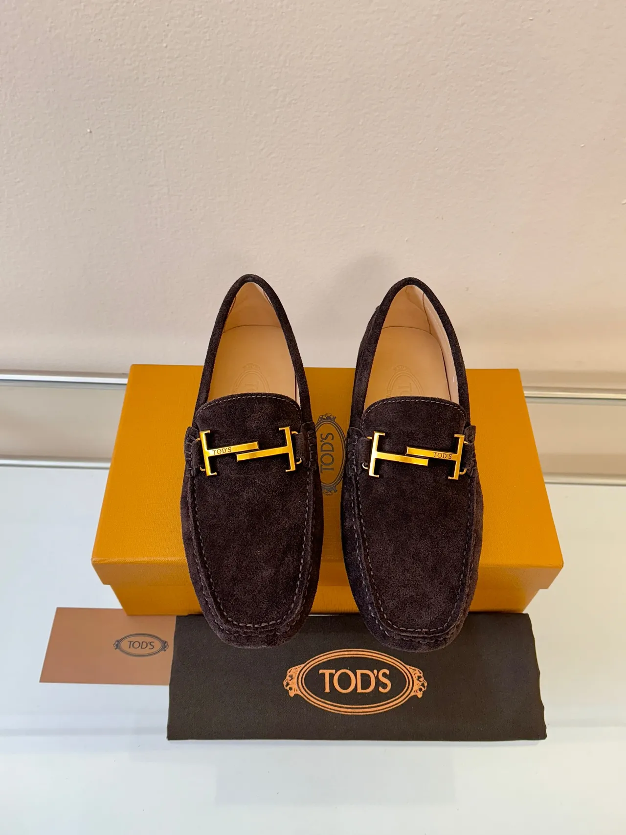 Tod's Marron Doré Daim Supérieur Métal H-Bit Hardware Mocassin 6