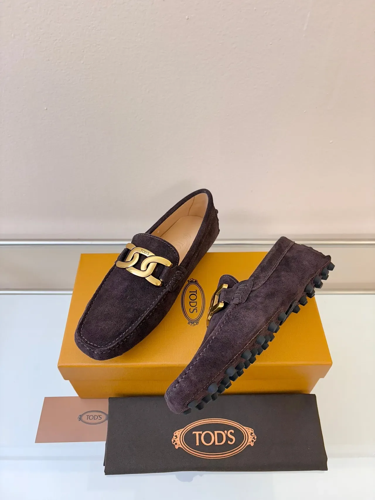 Tod's Horsebit Loafer Brown Gold Suede Upper Chain-Link Loafer 2