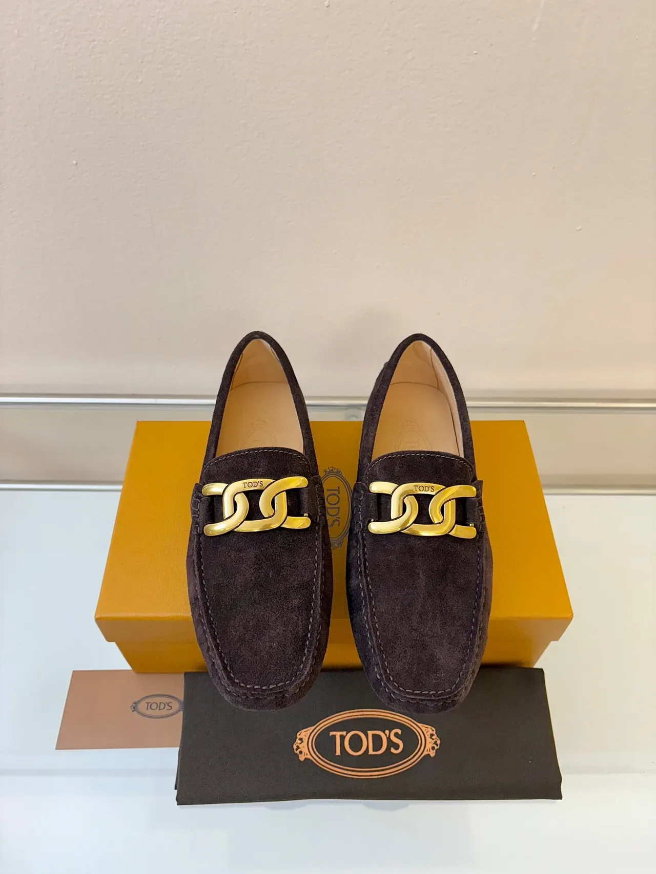Tod's Horsebit Loafer Brown Gold Suede Upper Chain-Link Loafer 6