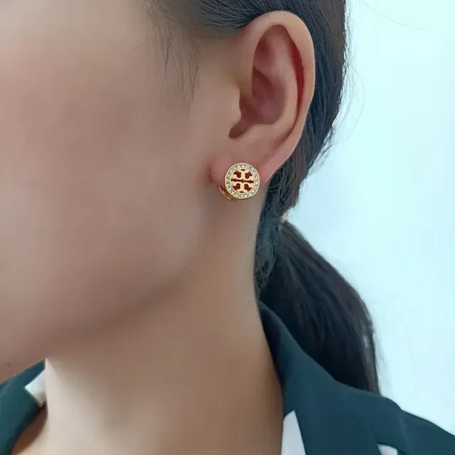 Tory Burch Mini Logo Stud Red Gold Circular Enamel Face Earrings 4