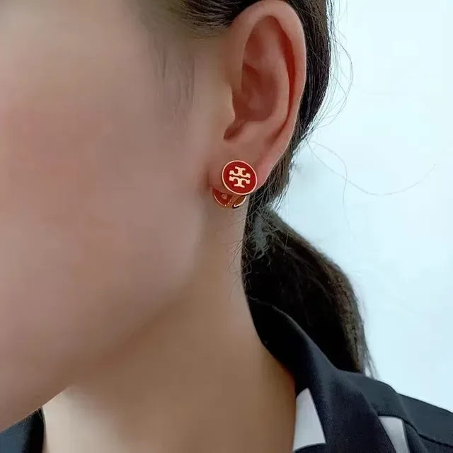 Tory Burch Mini Logo Stud Red Gold Circular Enamel Face Earrings 7