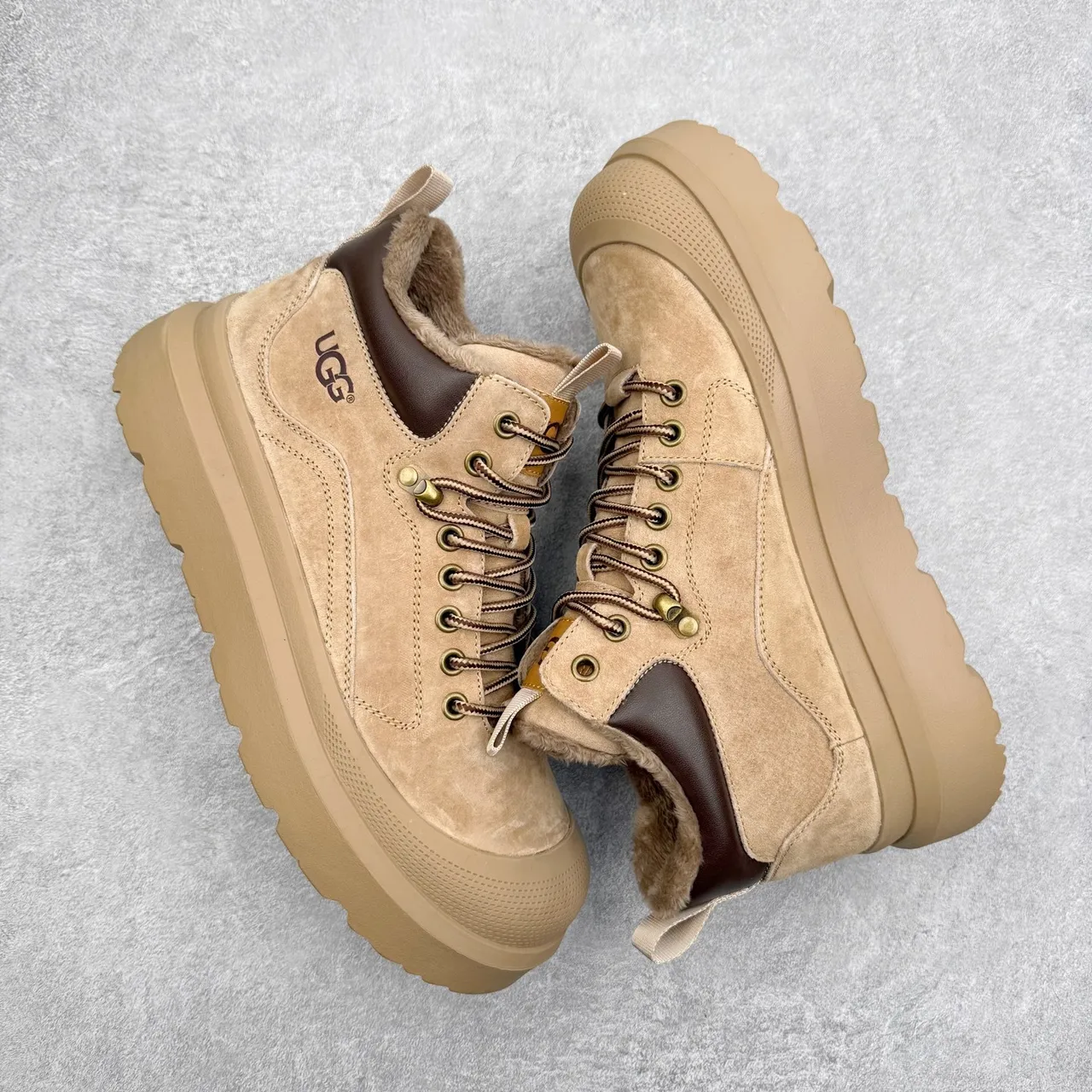UGG Beige Suede Shearling-Lined Lace-Up Platform Work Boot 2