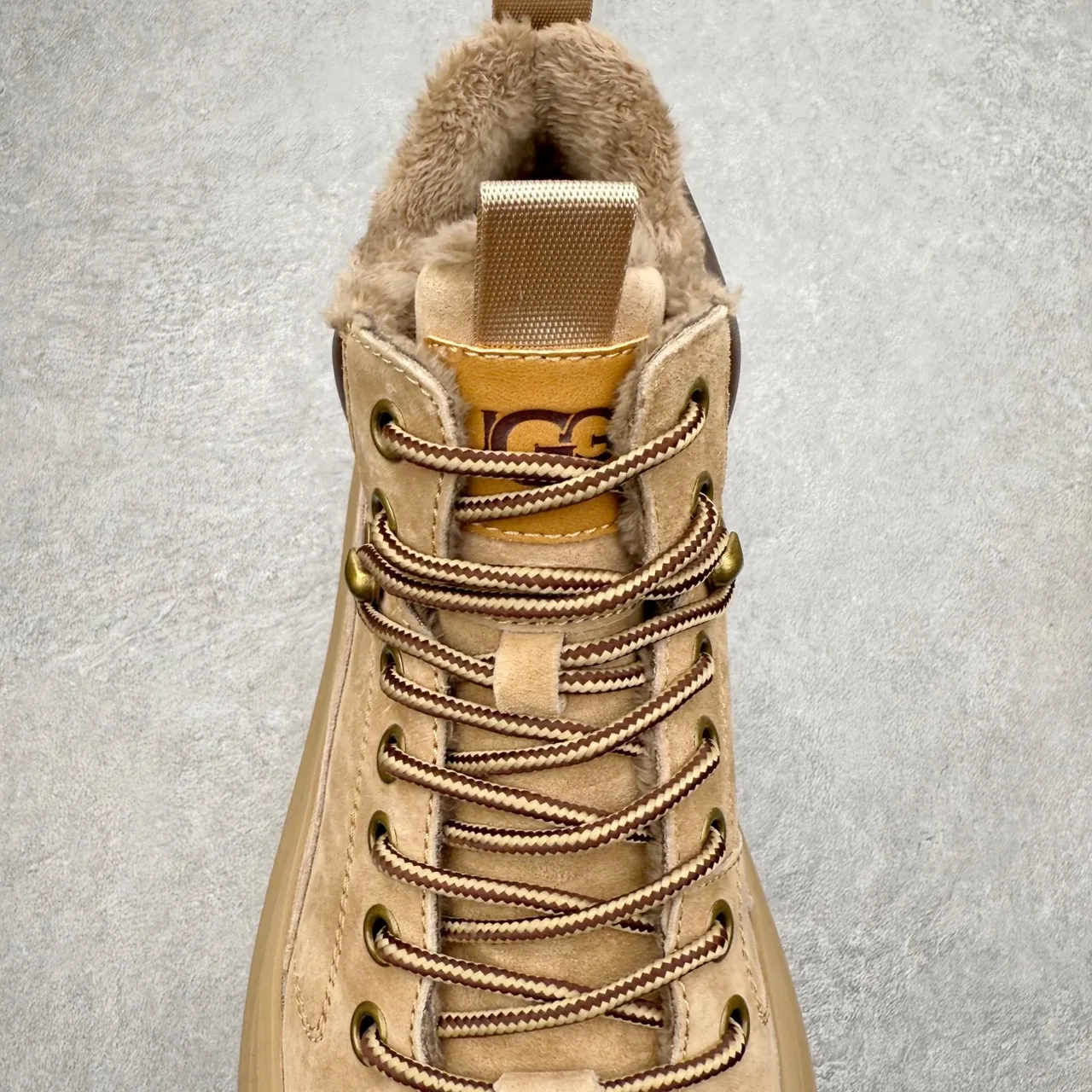 UGG Beige Suede Shearling-Lined Lace-Up Platform Work Boot 3