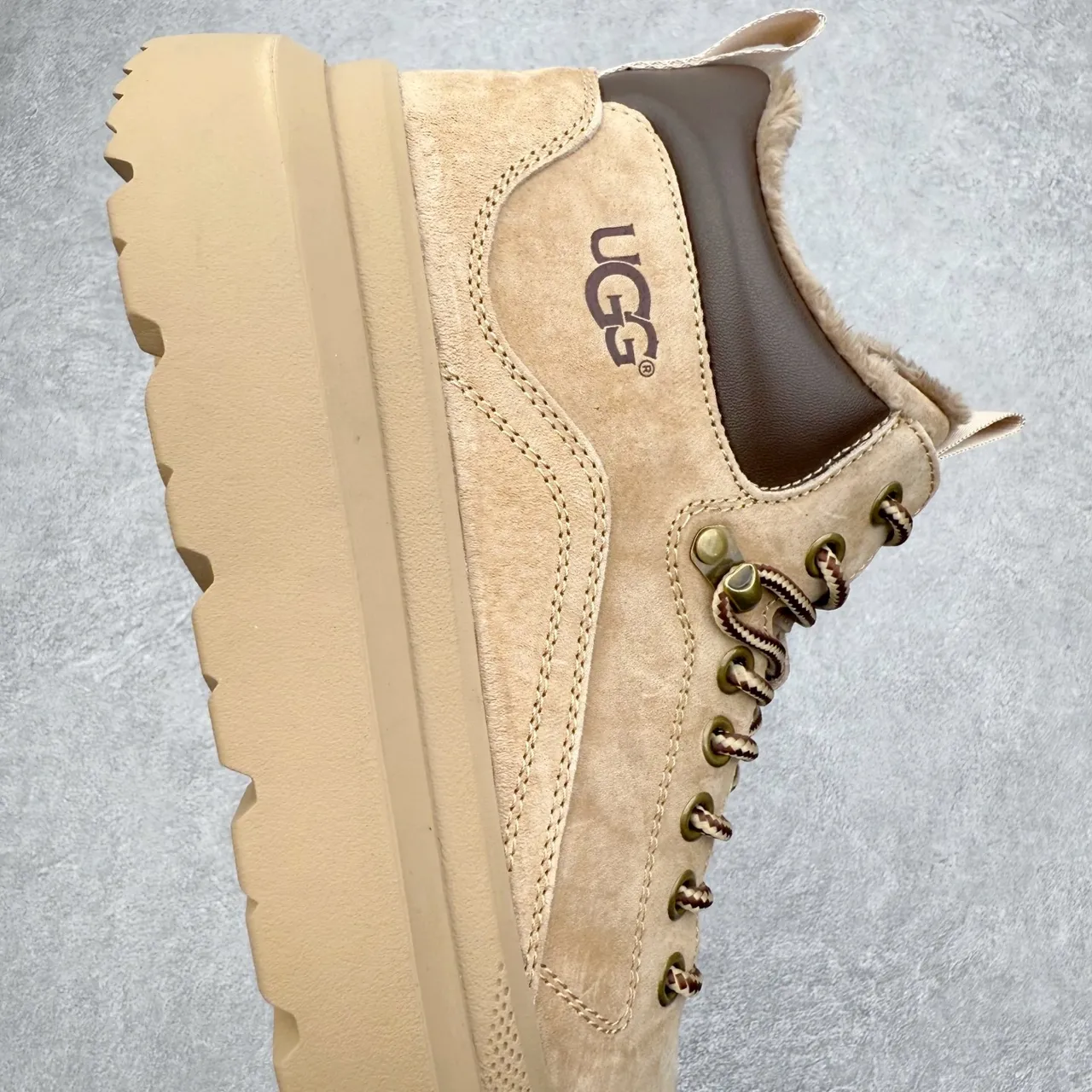UGG Beige Suede Shearling-Lined Lace-Up Platform Work Boot 5