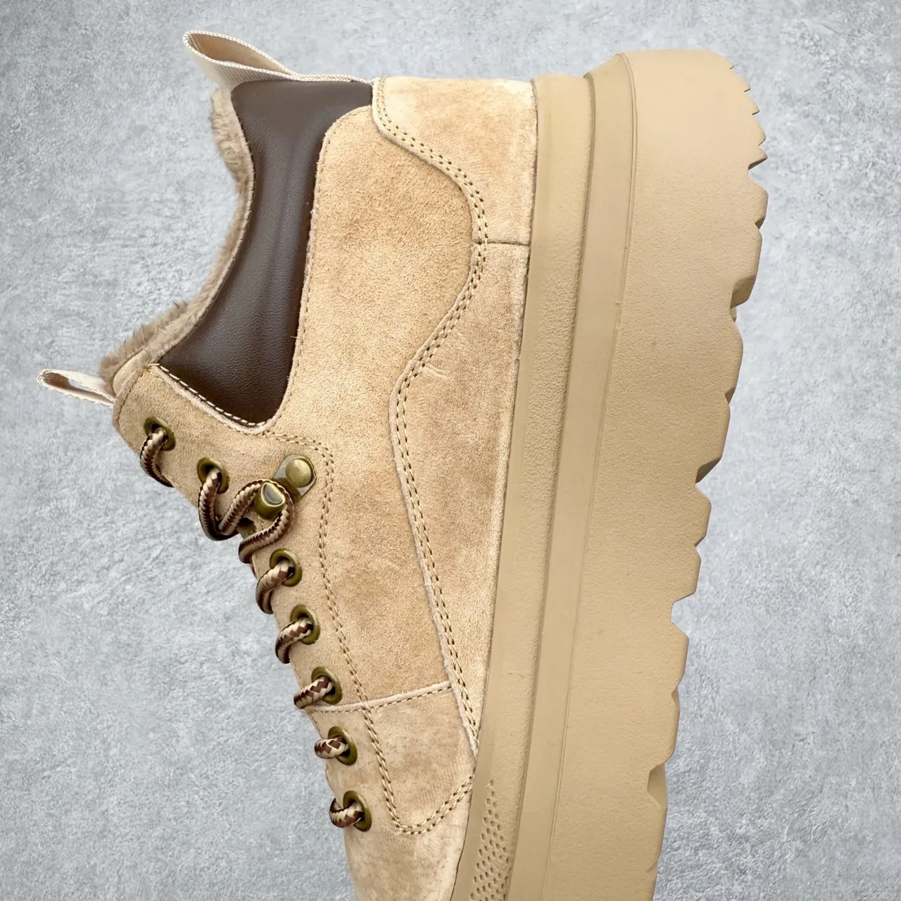 UGG Beige Suede Shearling-Lined Lace-Up Platform Work Boot 9