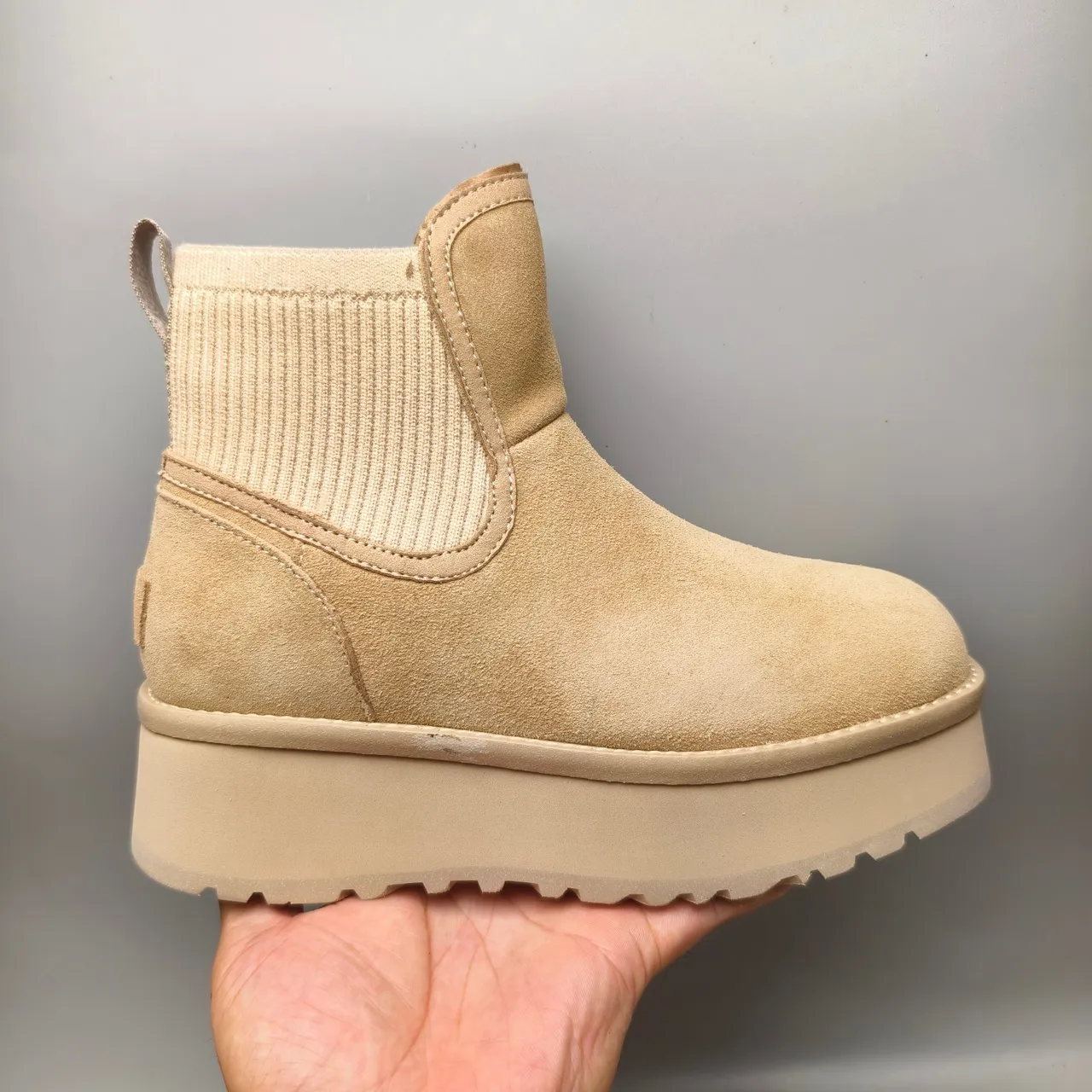 UGG Beige Suede Upper Ribbed Knit Collar Chelsea Boots 2