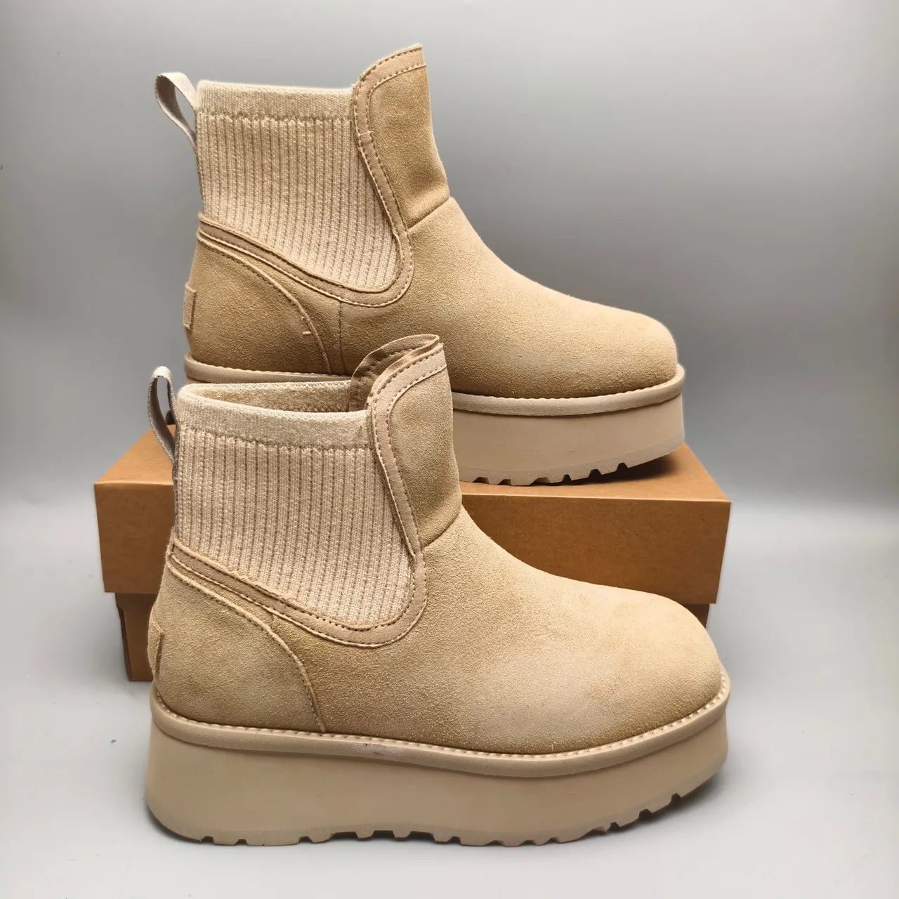 UGG Beige Suede Upper Ribbed Knit Collar Chelsea Boots 5