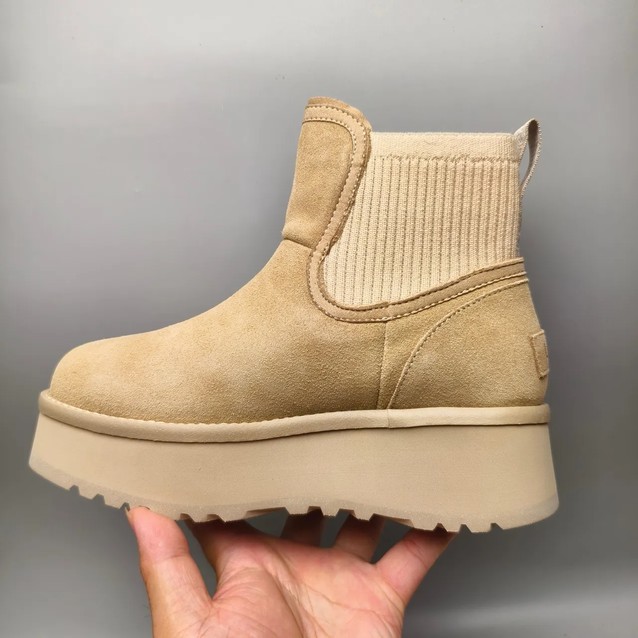 UGG Beige Suede Upper Ribbed Knit Collar Chelsea Boots 7