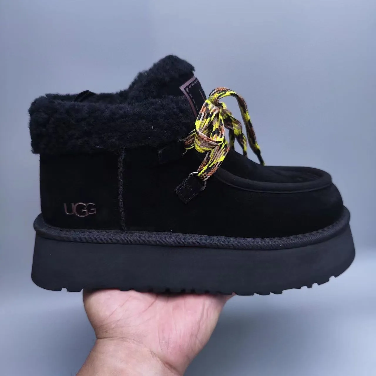 UGG Black Multicolor Platform Sole Shearling-Lined Collar Snow Boots 3