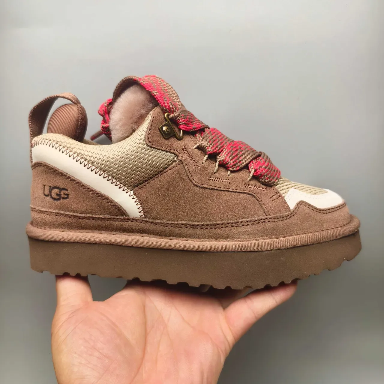 UGG Brown Pink Shearling-Lined Woven-Lace Sneakers 2