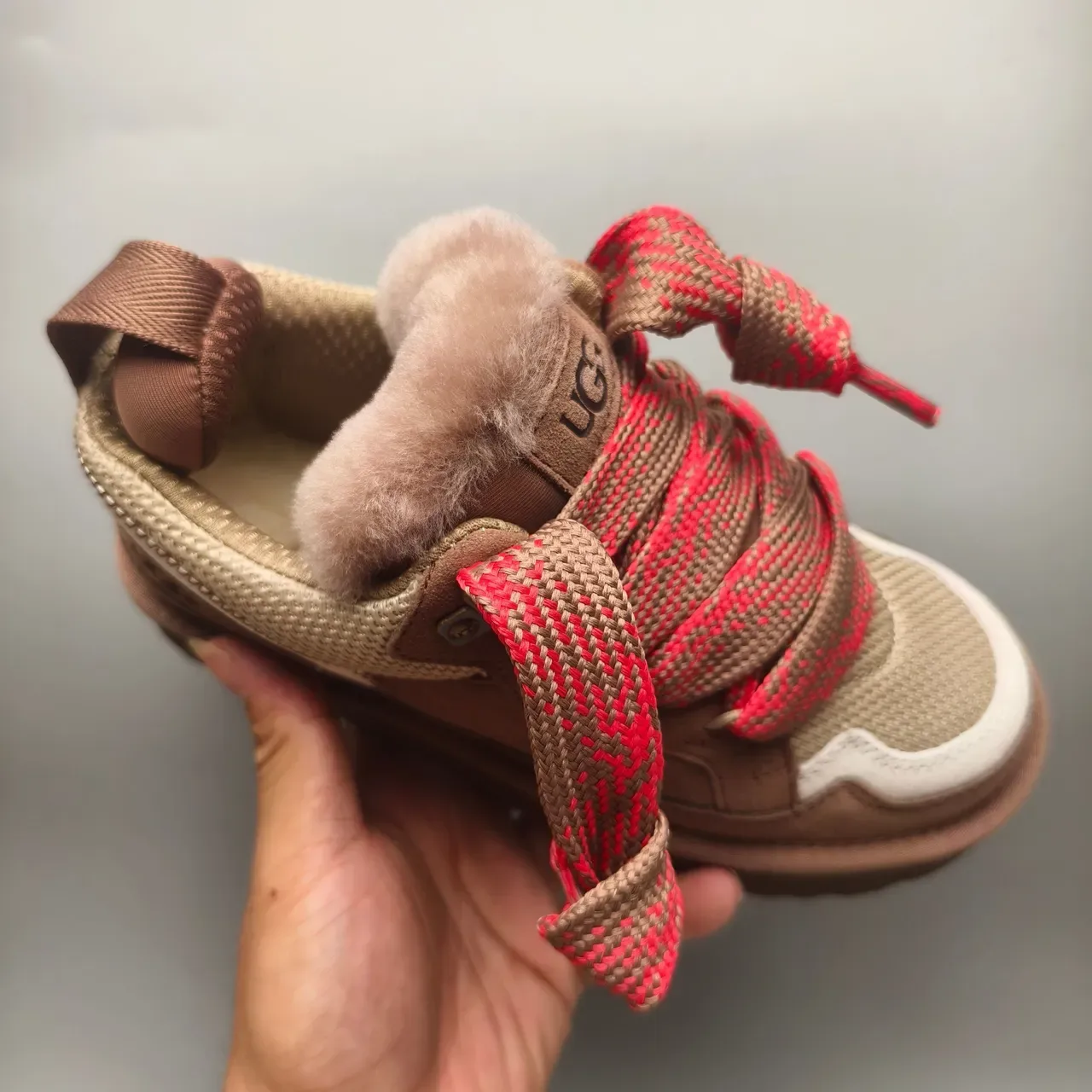 UGG Brown Pink Shearling-Lined Woven-Lace Sneakers 3